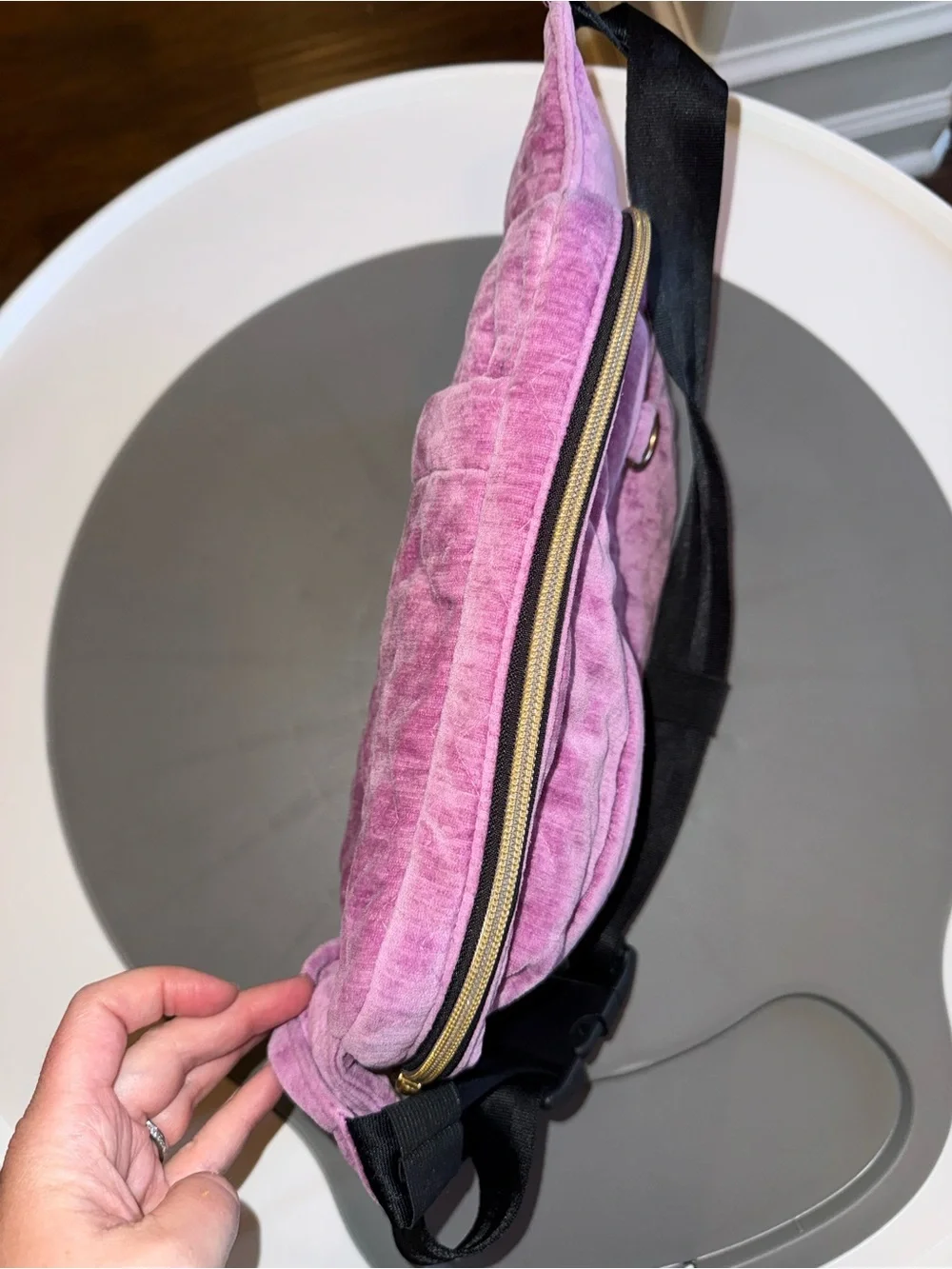 The Pack, Orchid, Plush purple-Pink Velvet Crossbody Belt Bag with Black Strap